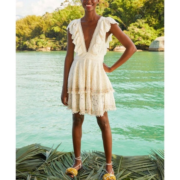 Farm Rio Eyelet Patch Beaded Mini Dress